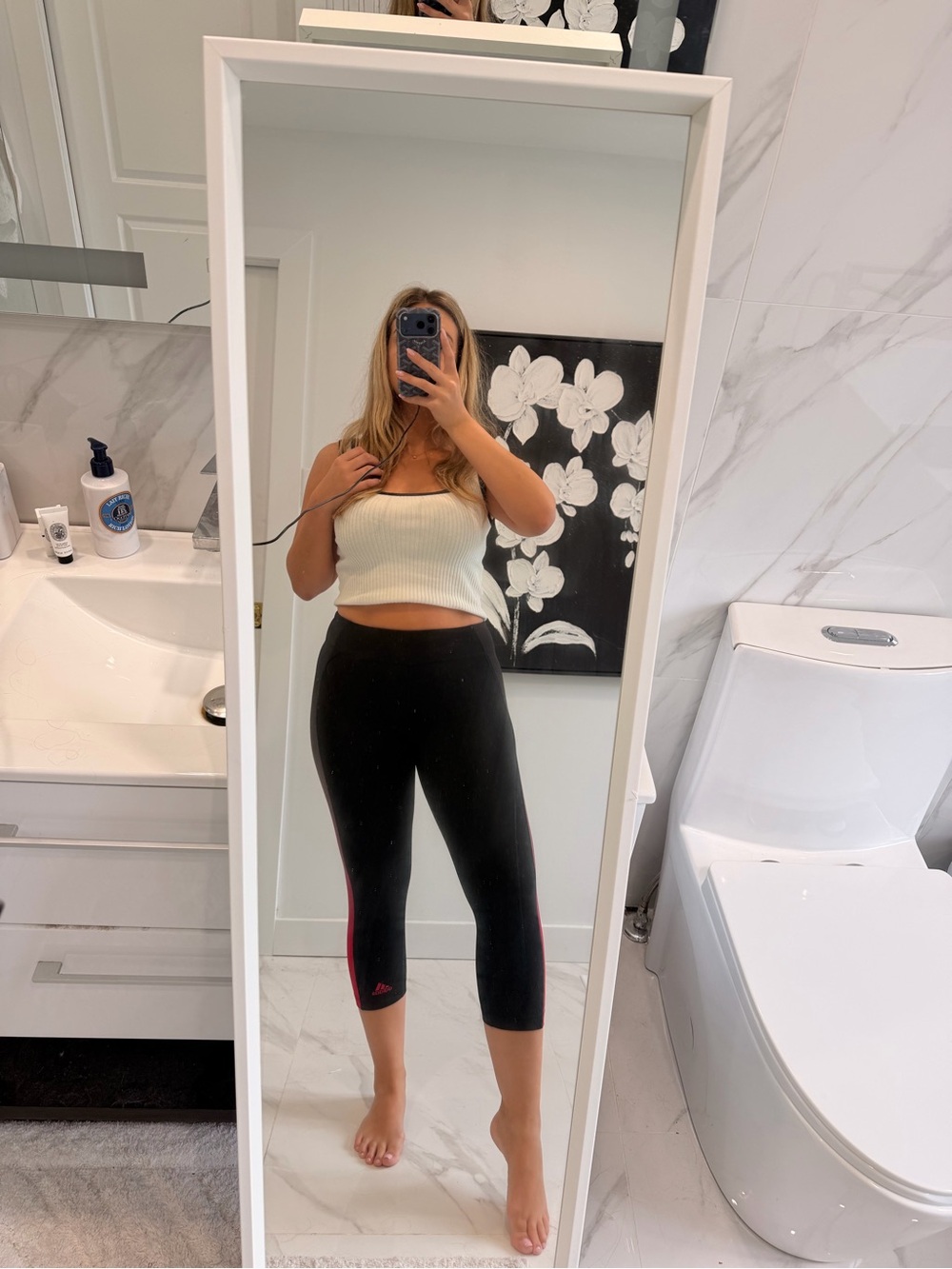 adidas Originals Black Capri Leggings with Pink Accent